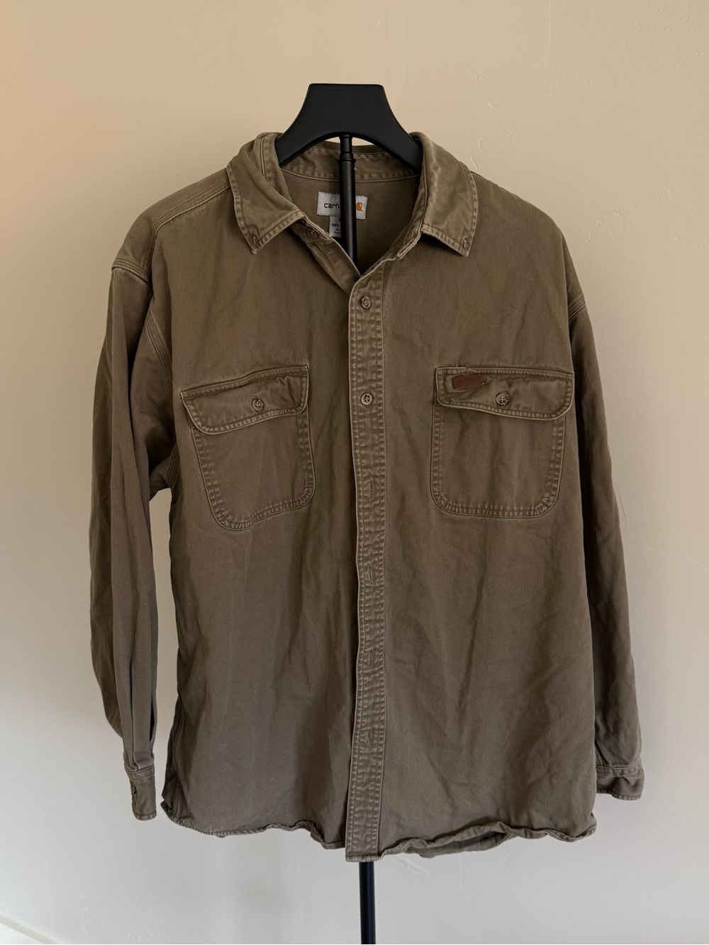 Carhartt button down olive green collared shirt size xl 100% cotton
